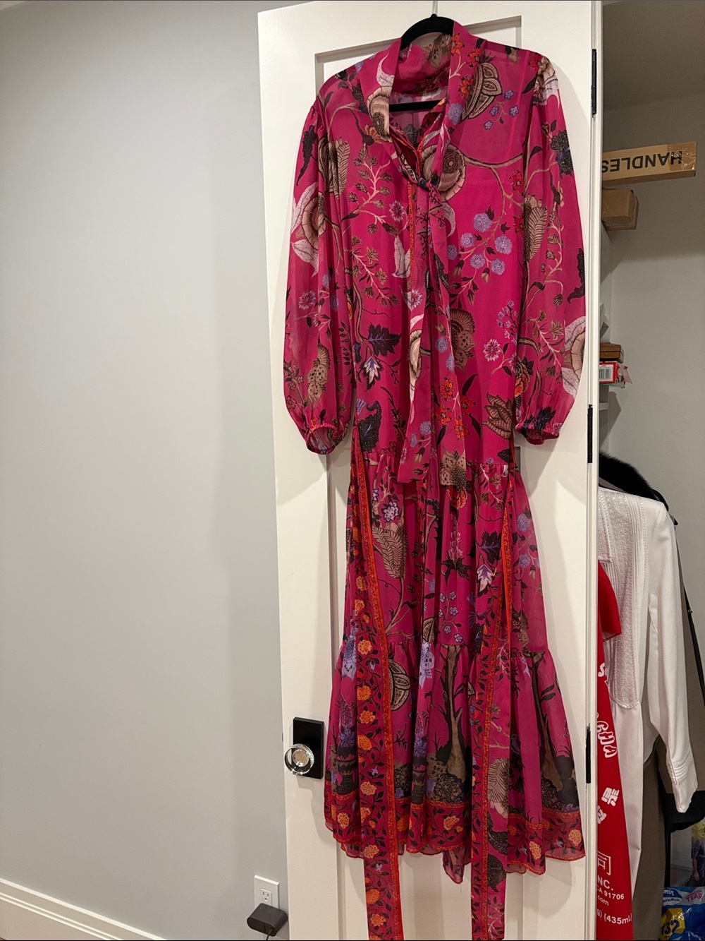 Kobi Halperin Floral Tie-Neck Midi Dress in Fuchsia Pink